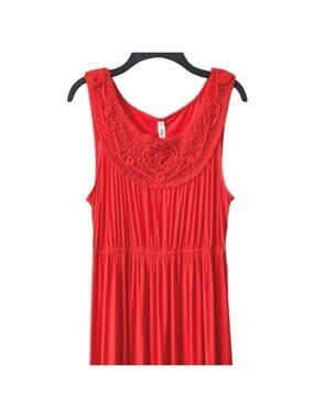 Red Sleeveless Crochet Yoke Maxi Dress - Women